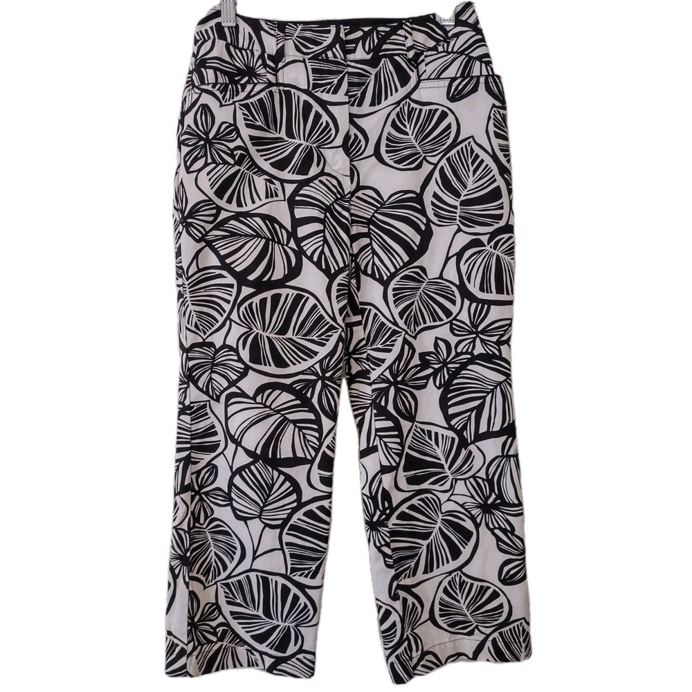 Talbots Pants 2P Women Boho Graphic Tropical Leaf Black White Crop Stretch Retro